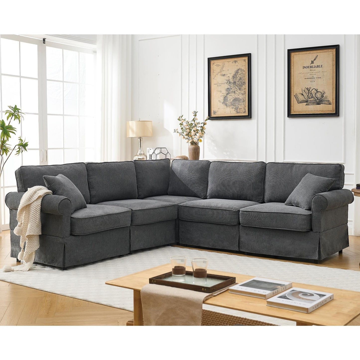 Modern L-Shaped 5-Seat Reversible Sectional Sofa Corner Couch with Rolled Arms for Living Room Apartment