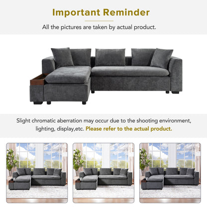 Modern L-Shaped Chenille Sectional Sofa with Wooden Storage Compartment and Matching Pillows for Living Room