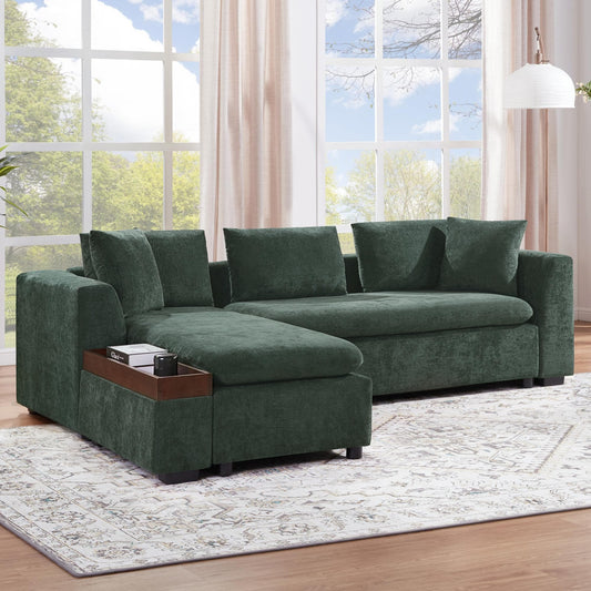 Modern L-Shaped Chenille Sectional Sofa with Wooden Storage Compartment and Matching Pillows for Living Room