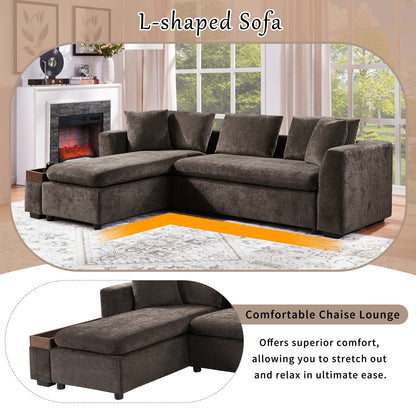 Modern L-Shaped Chenille Sectional Sofa with Wooden Storage Compartment and Matching Pillows for Living Room