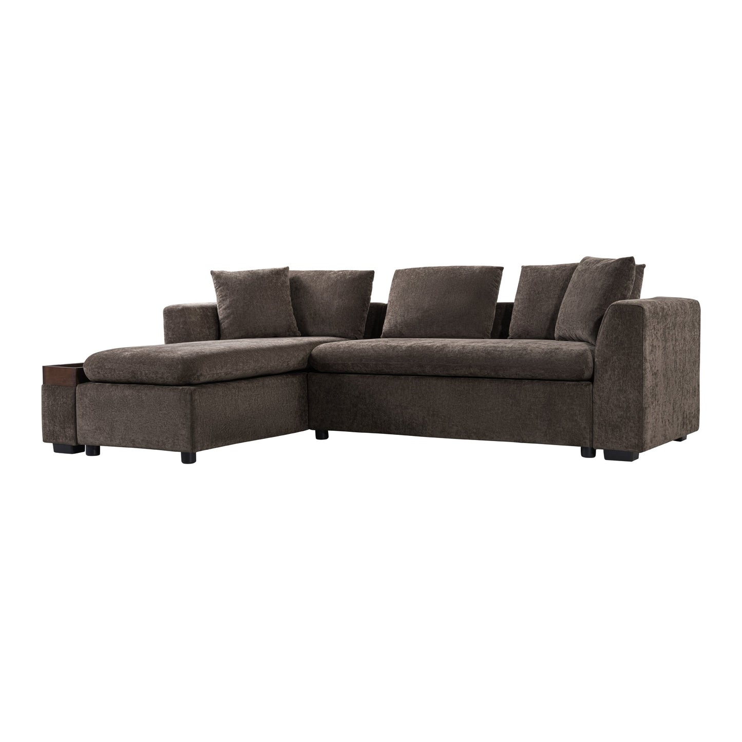 Modern L-Shaped Chenille Sectional Sofa with Wooden Storage Compartment and Matching Pillows for Living Room