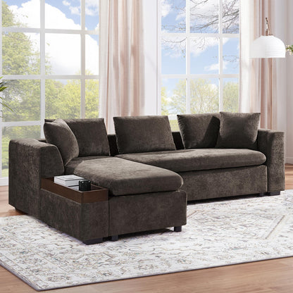 Modern L-Shaped Chenille Sectional Sofa with Wooden Storage Compartment and Matching Pillows for Living Room