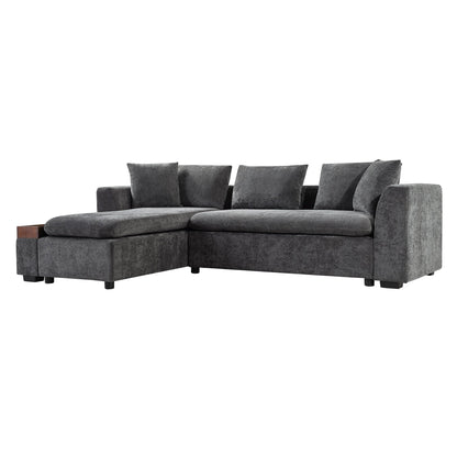 Modern L-Shaped Chenille Sectional Sofa with Wooden Storage Compartment and Matching Pillows for Living Room