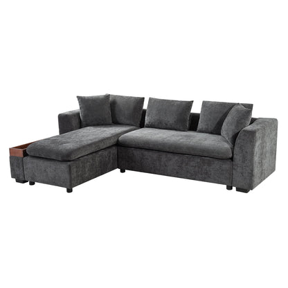 Modern L-Shaped Chenille Sectional Sofa with Wooden Storage Compartment and Matching Pillows for Living Room