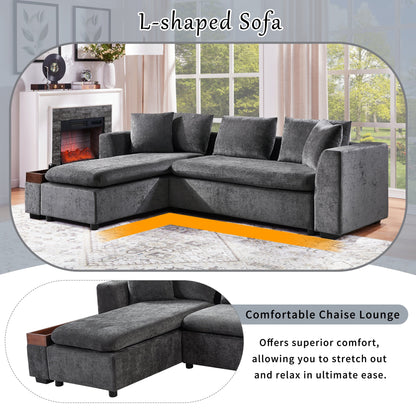 Modern L-Shaped Chenille Sectional Sofa with Wooden Storage Compartment and Matching Pillows for Living Room