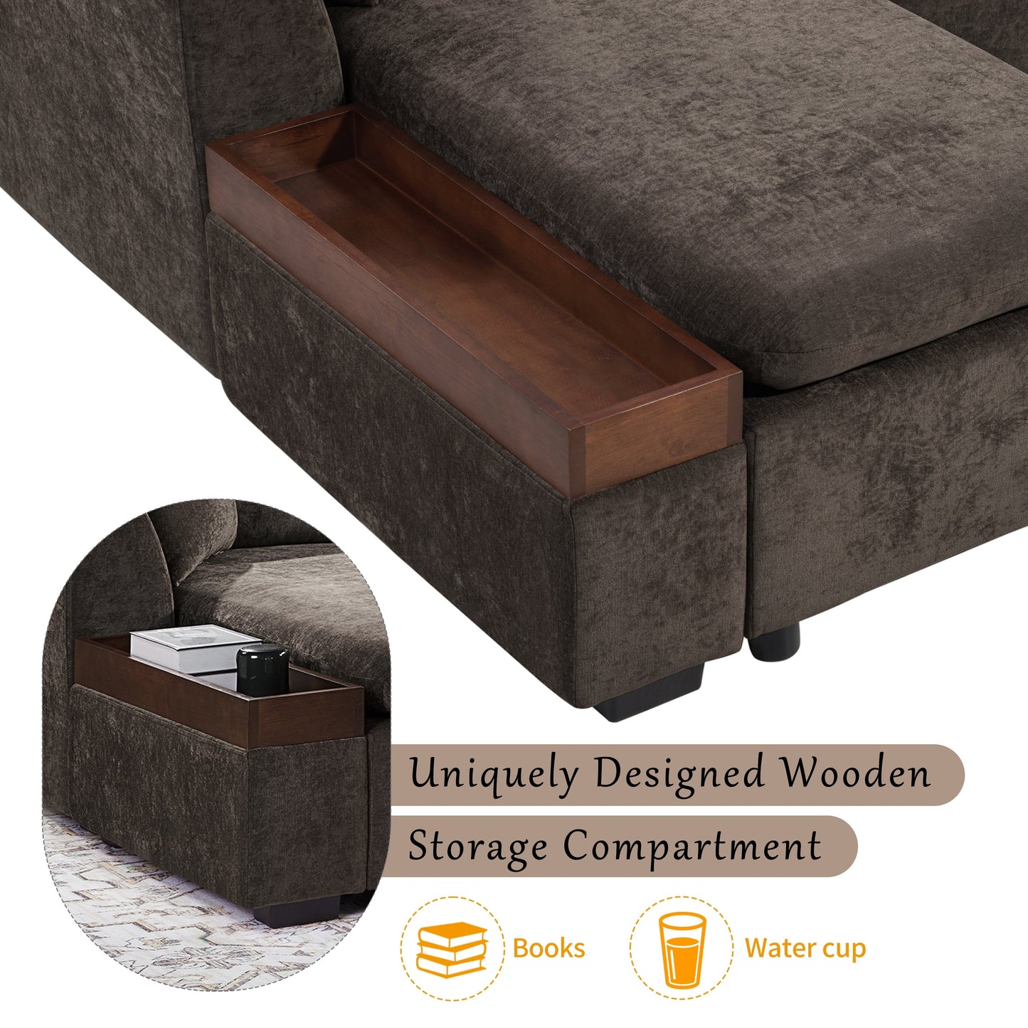 Modern L-Shaped Chenille Sectional Sofa with Wooden Storage Compartment and Matching Pillows for Living Room