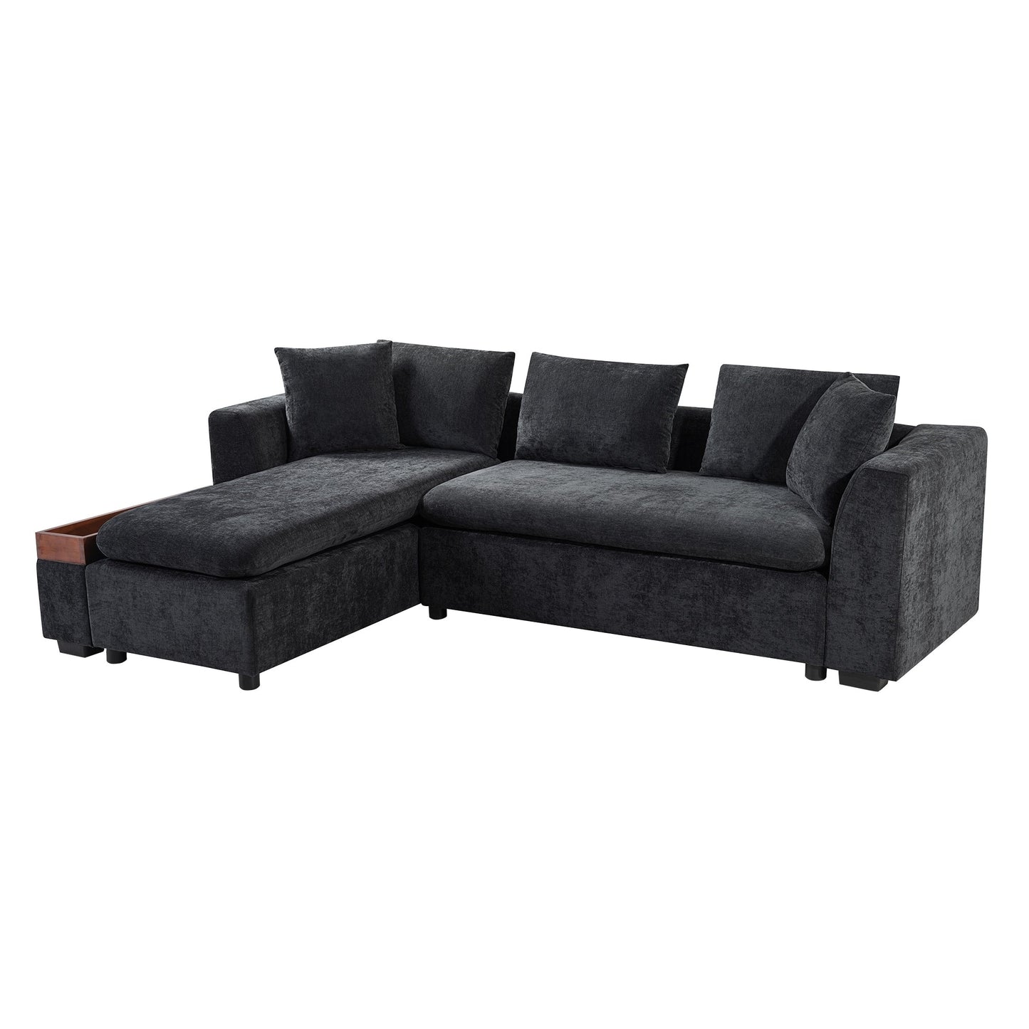 Modern L-Shaped Chenille Sectional Sofa with Wooden Storage Compartment and Matching Pillows for Living Room