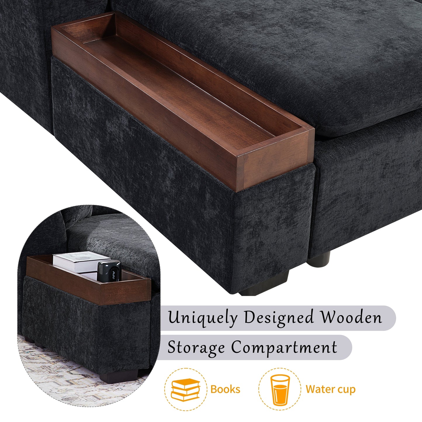 Modern L-Shaped Chenille Sectional Sofa with Wooden Storage Compartment and Matching Pillows for Living Room