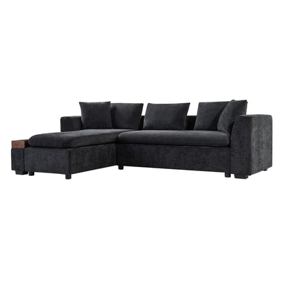 Modern L-Shaped Chenille Sectional Sofa with Wooden Storage Compartment and Matching Pillows for Living Room