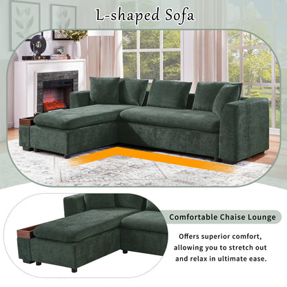 Modern L-Shaped Chenille Sectional Sofa with Wooden Storage Compartment and Matching Pillows for Living Room