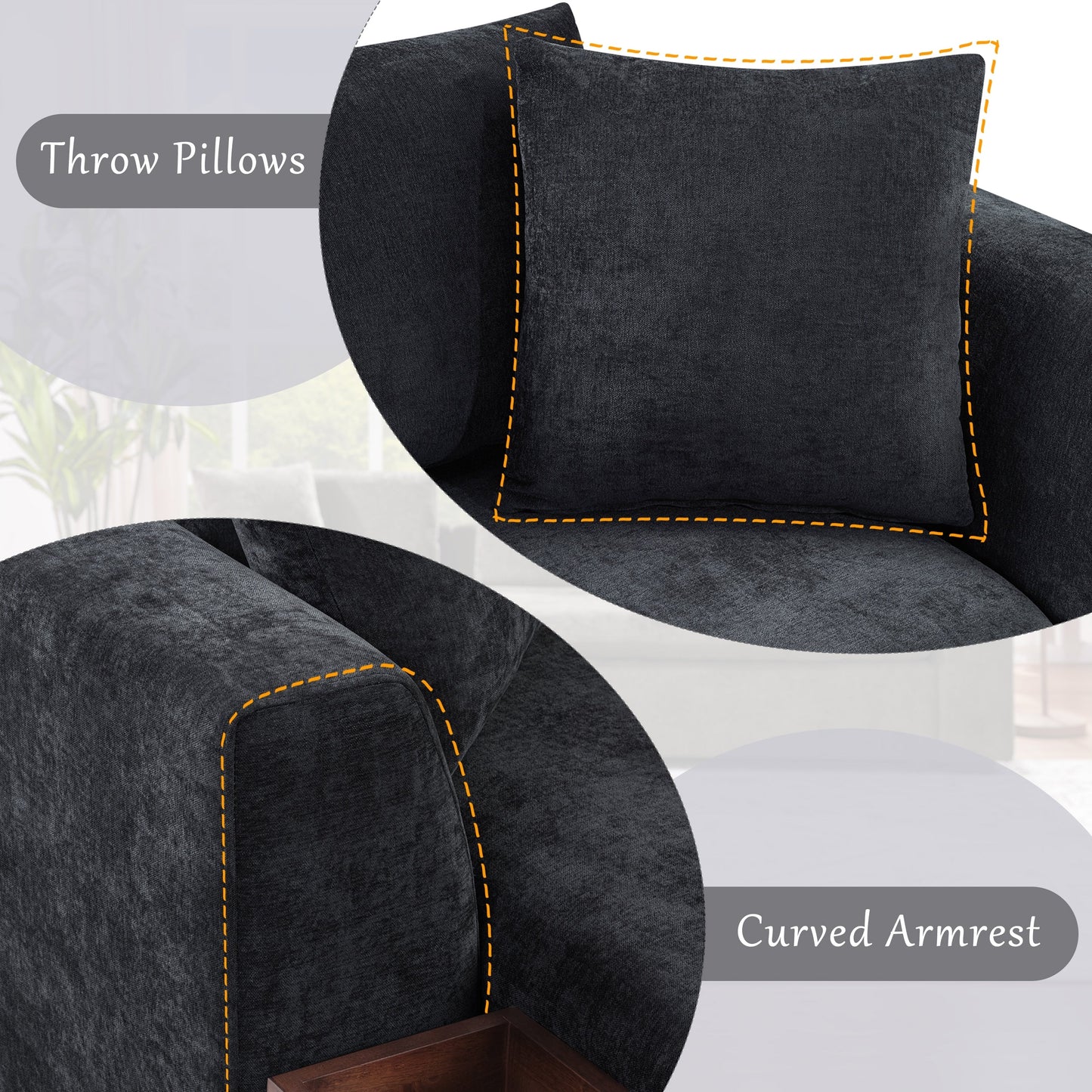Modern L-Shaped Chenille Sectional Sofa with Wooden Storage Compartment and Matching Pillows for Living Room