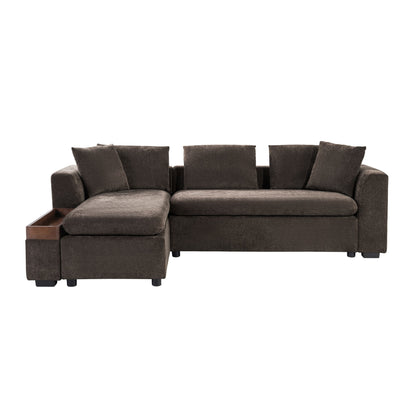 Modern L-Shaped Chenille Sectional Sofa with Wooden Storage Compartment and Matching Pillows for Living Room
