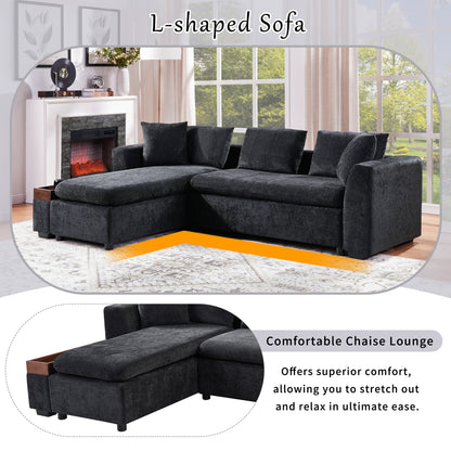 Modern L-Shaped Chenille Sectional Sofa with Wooden Storage Compartment and Matching Pillows for Living Room