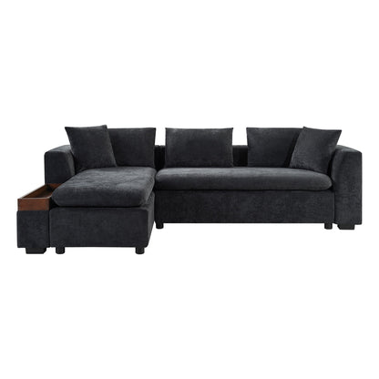 Modern L-Shaped Chenille Sectional Sofa with Wooden Storage Compartment and Matching Pillows for Living Room