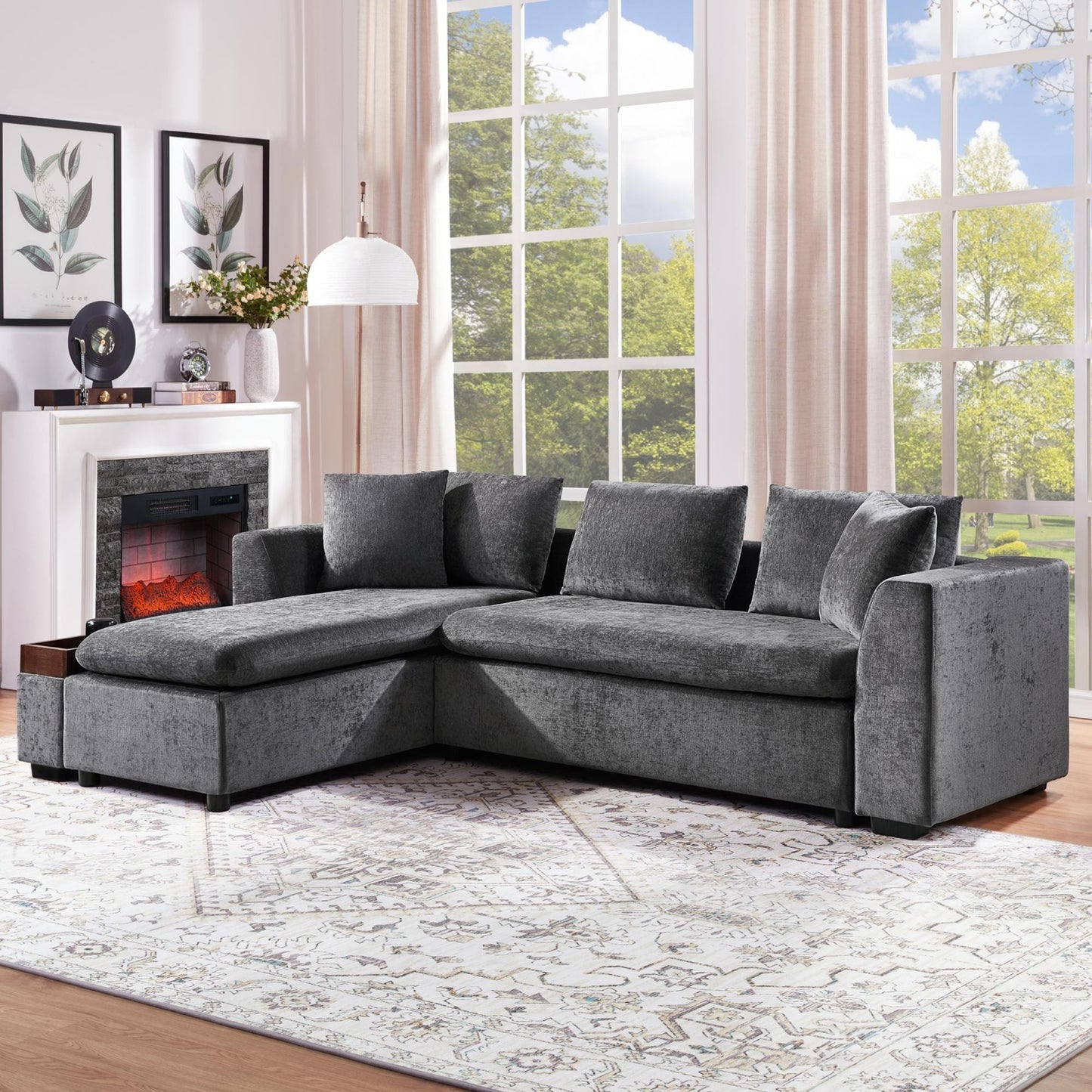Modern L-Shaped Chenille Sectional Sofa with Wooden Storage Compartment and Matching Pillows for Living Room