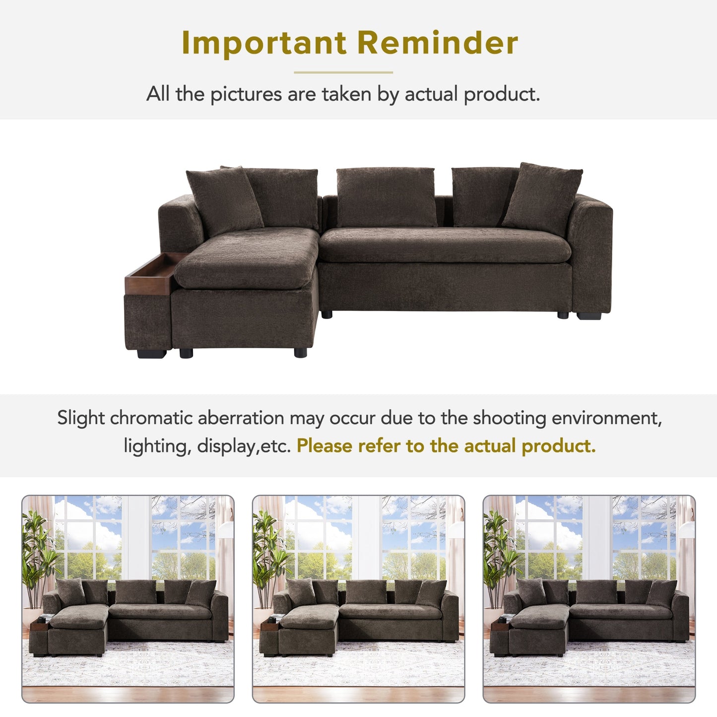 Modern L-Shaped Chenille Sectional Sofa with Wooden Storage Compartment and Matching Pillows for Living Room