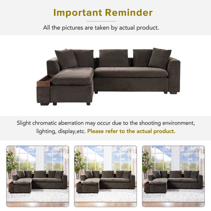 Modern L-Shaped Chenille Sectional Sofa with Wooden Storage Compartment and Matching Pillows for Living Room