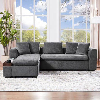 Modern L-Shaped Chenille Sectional Sofa with Wooden Storage Compartment and Matching Pillows for Living Room