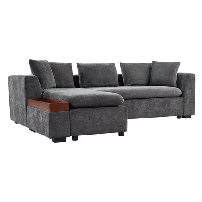 Modern L-Shaped Chenille Sectional Sofa with Wooden Storage Compartment and Matching Pillows for Living Room