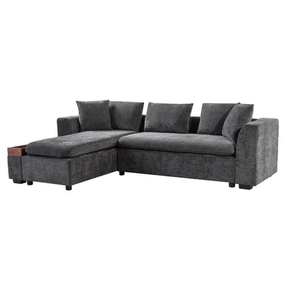 Modern L-Shaped Chenille Sectional Sofa with Wooden Storage Compartment and Matching Pillows for Living Room