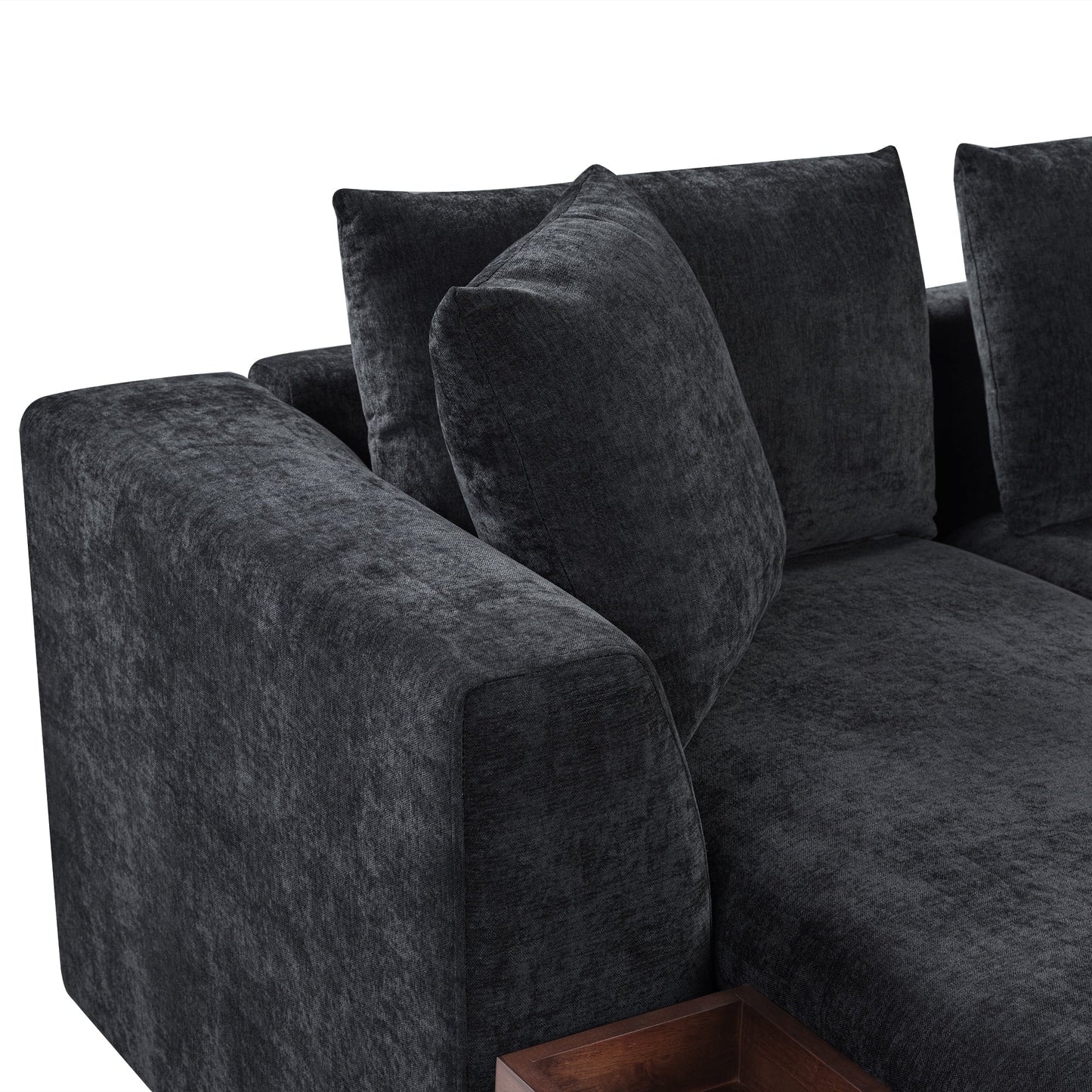 Modern L-Shaped Chenille Sectional Sofa with Wooden Storage Compartment and Matching Pillows for Living Room
