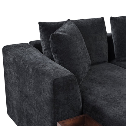 Modern L-Shaped Chenille Sectional Sofa with Wooden Storage Compartment and Matching Pillows for Living Room