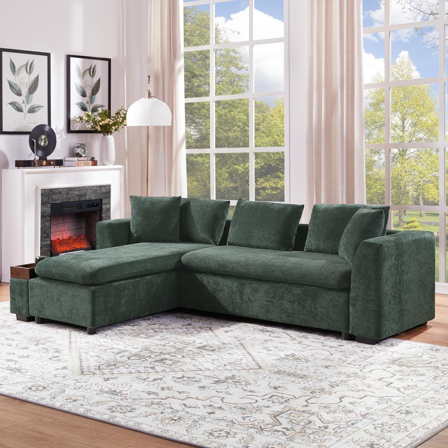 Modern L-Shaped Chenille Sectional Sofa with Wooden Storage Compartment and Matching Pillows for Living Room