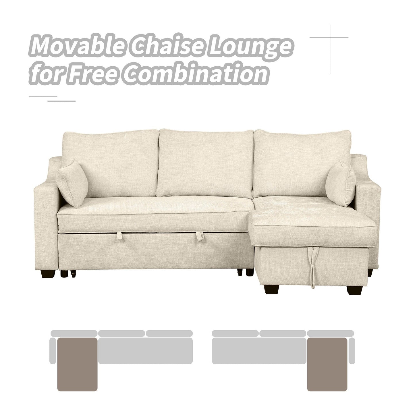 Modern L-Shaped Convertible Sofa Bed with Storage Chaise, USB Ports and Storage Racks for Living Room