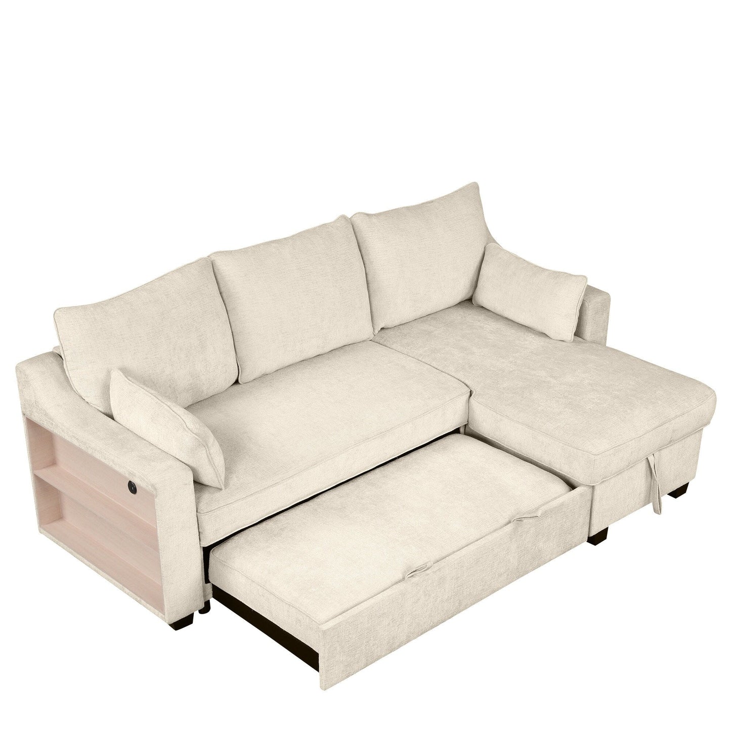 Modern L-Shaped Convertible Sofa Bed with Storage Chaise, USB Ports and Storage Racks for Living Room