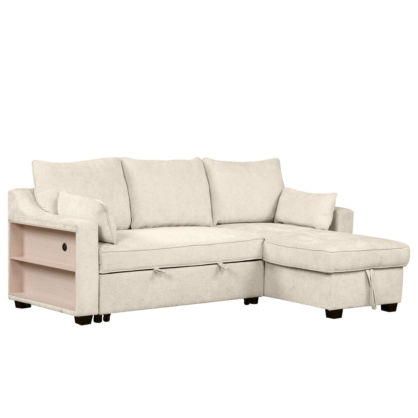 Modern L-Shaped Convertible Sofa Bed with Storage Chaise, USB Ports and Storage Racks for Living Room