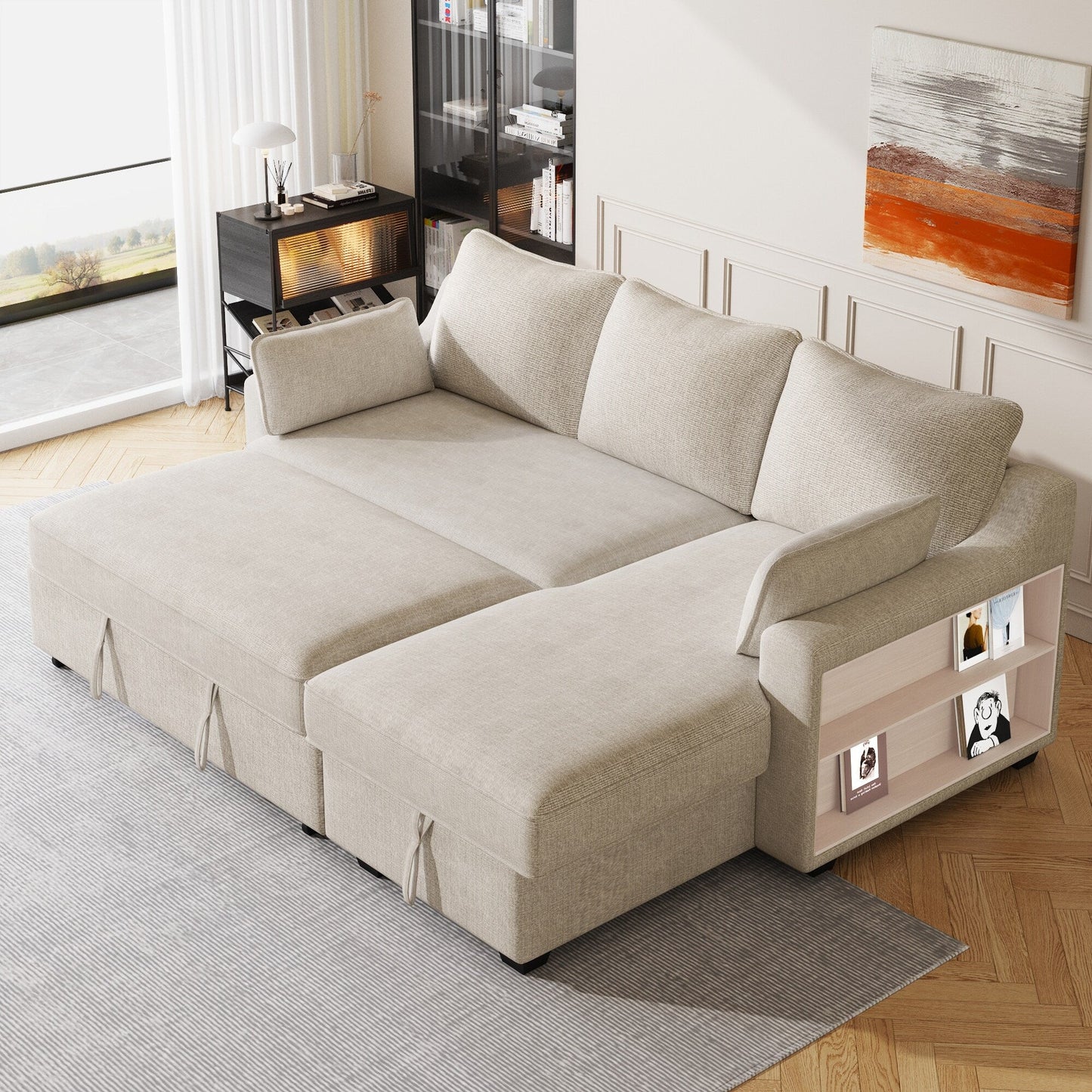 Modern L-Shaped Convertible Sofa Bed with Storage Chaise, USB Ports and Storage Racks for Living Room