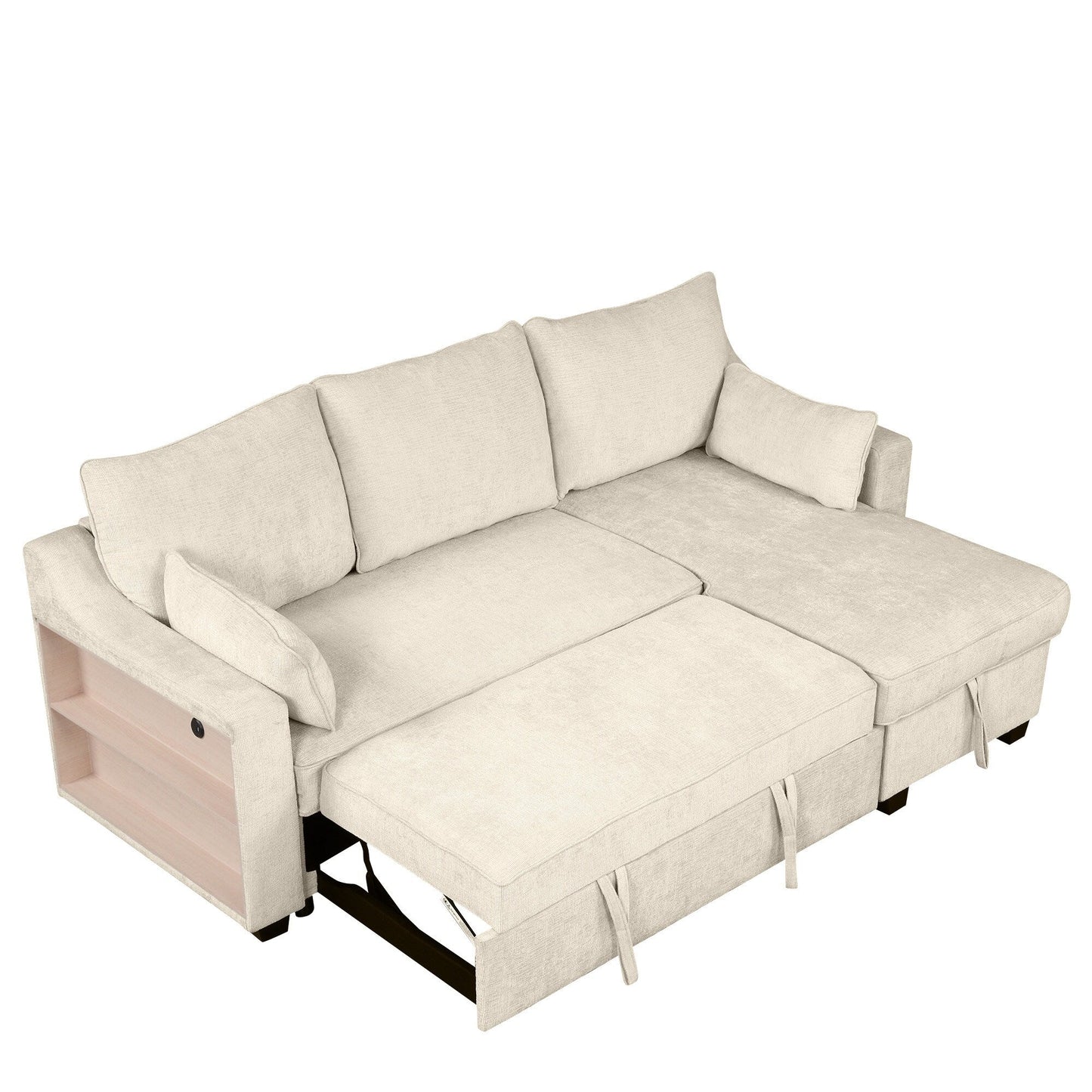 Modern L-Shaped Convertible Sofa Bed with Storage Chaise, USB Ports and Storage Racks for Living Room