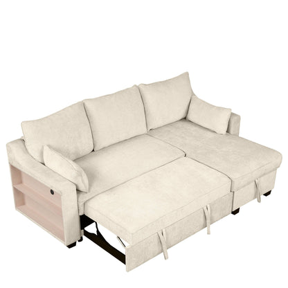 Modern L-Shaped Convertible Sofa Bed with Storage Chaise, USB Ports and Storage Racks for Living Room
