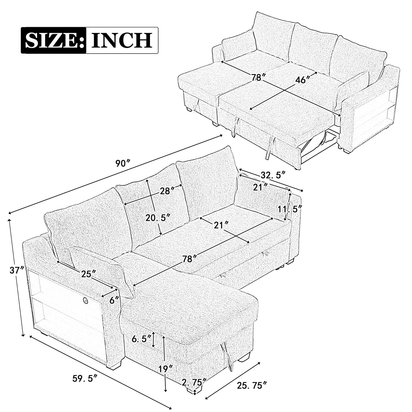 Modern L-Shaped Convertible Sofa Bed with Storage Chaise, USB Ports and Storage Racks for Living Room