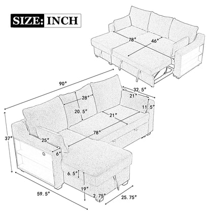 Modern L-Shaped Convertible Sofa Bed with Storage Chaise, USB Ports and Storage Racks for Living Room