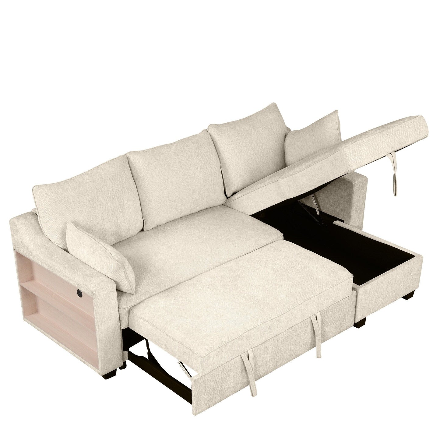 Modern L-Shaped Convertible Sofa Bed with Storage Chaise, USB Ports and Storage Racks for Living Room
