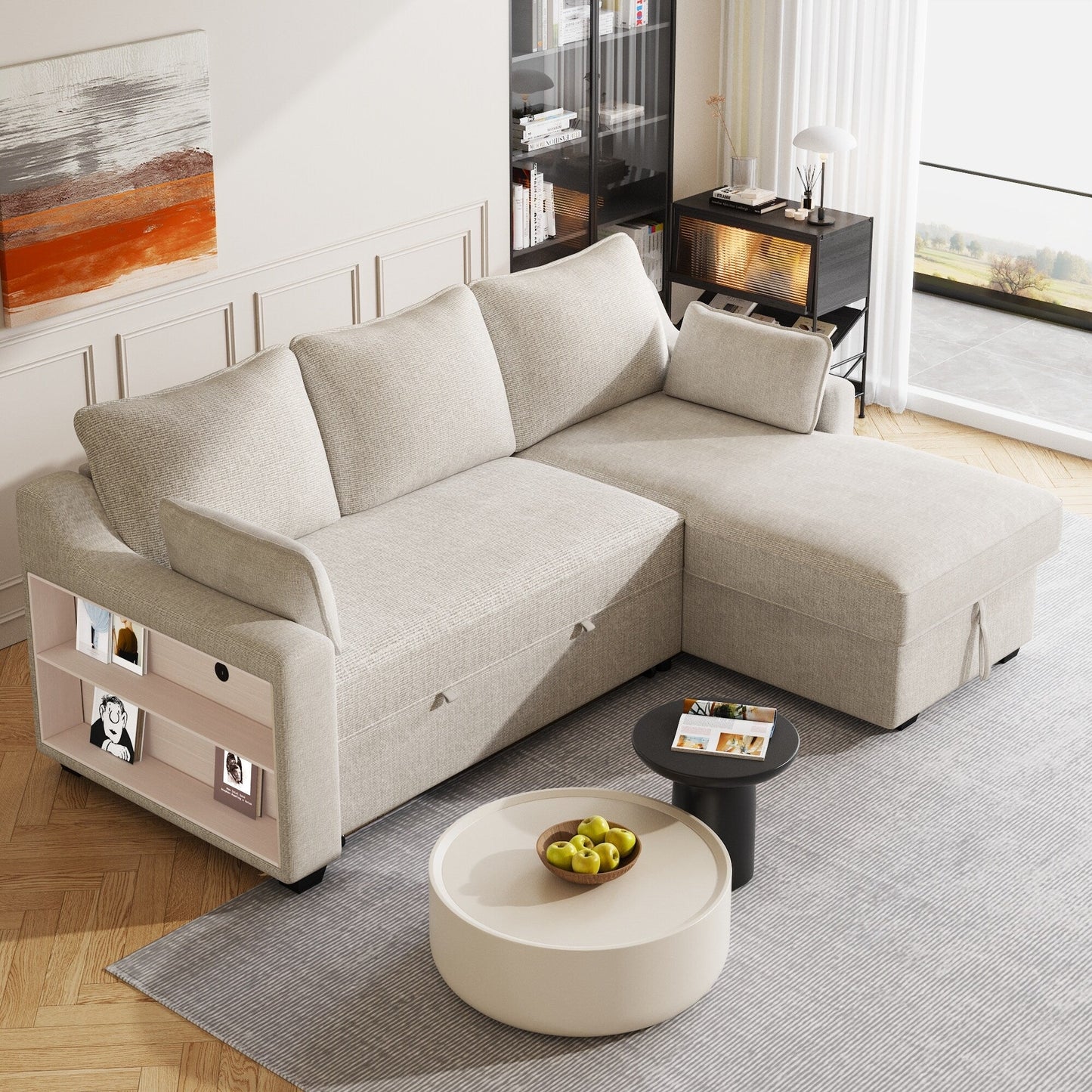 Modern L-Shaped Convertible Sofa Bed with Storage Chaise, USB Ports and Storage Racks for Living Room
