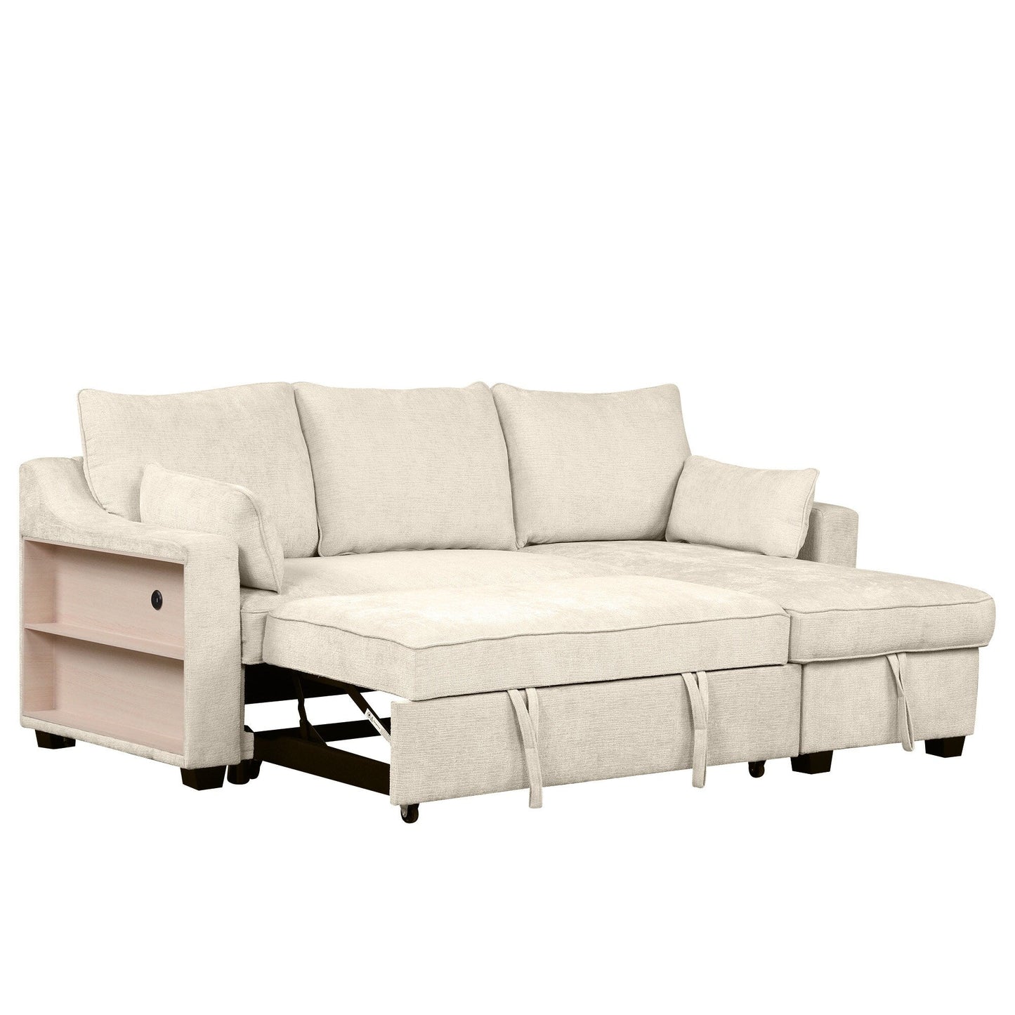 Modern L-Shaped Convertible Sofa Bed with Storage Chaise, USB Ports and Storage Racks for Living Room