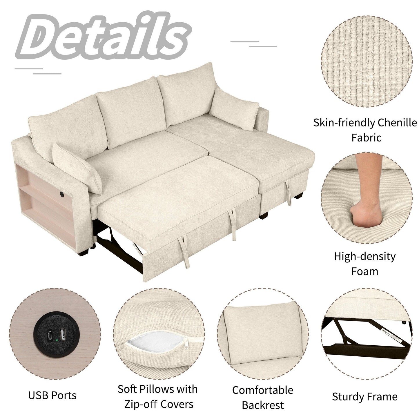 Modern L-Shaped Convertible Sofa Bed with Storage Chaise, USB Ports and Storage Racks for Living Room