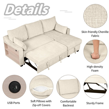 Modern L-Shaped Convertible Sofa Bed with Storage Chaise, USB Ports and Storage Racks for Living Room