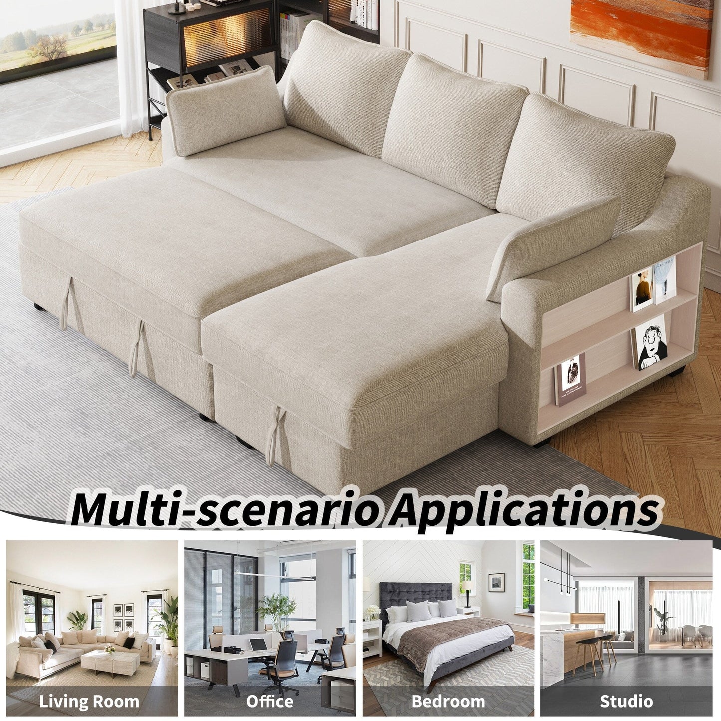 Modern L-Shaped Convertible Sofa Bed with Storage Chaise, USB Ports and Storage Racks for Living Room