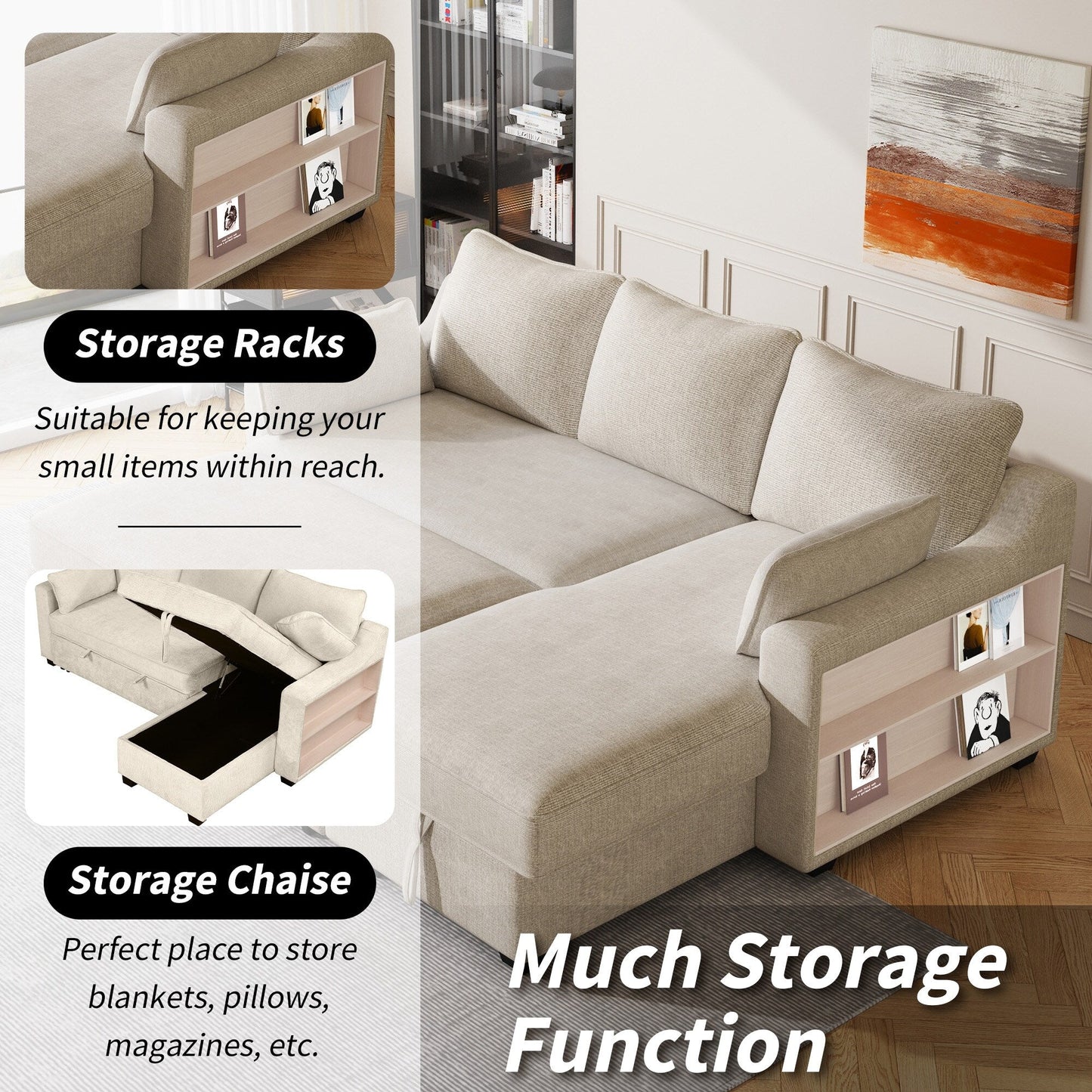 Modern L-Shaped Convertible Sofa Bed with Storage Chaise, USB Ports and Storage Racks for Living Room