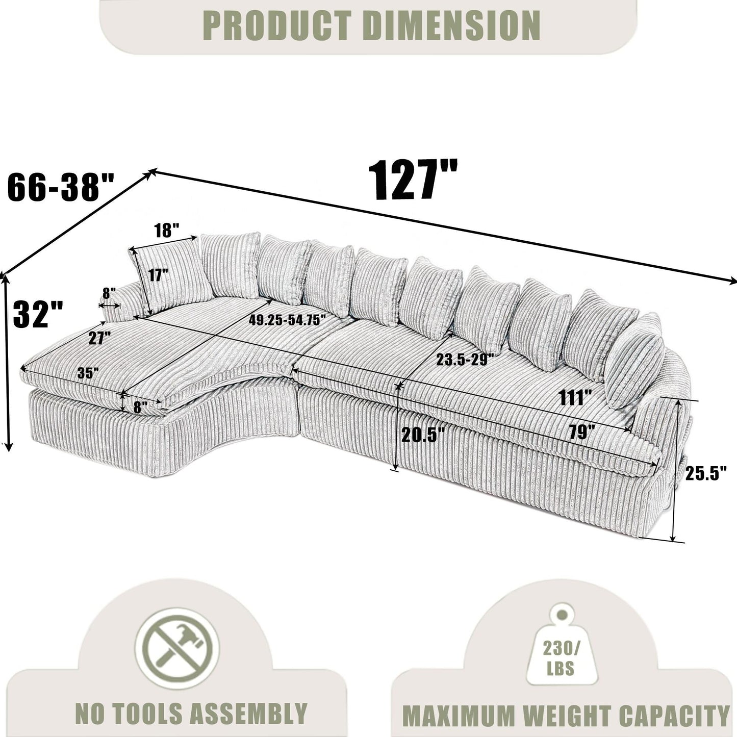 Modern L-Shaped Corduroy 4-Seat Modular Sectional Sofa with Curved Design and Back Cushions for Living Room