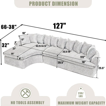 Modern L-Shaped Corduroy 4-Seat Modular Sectional Sofa with Curved Design and Back Cushions for Living Room