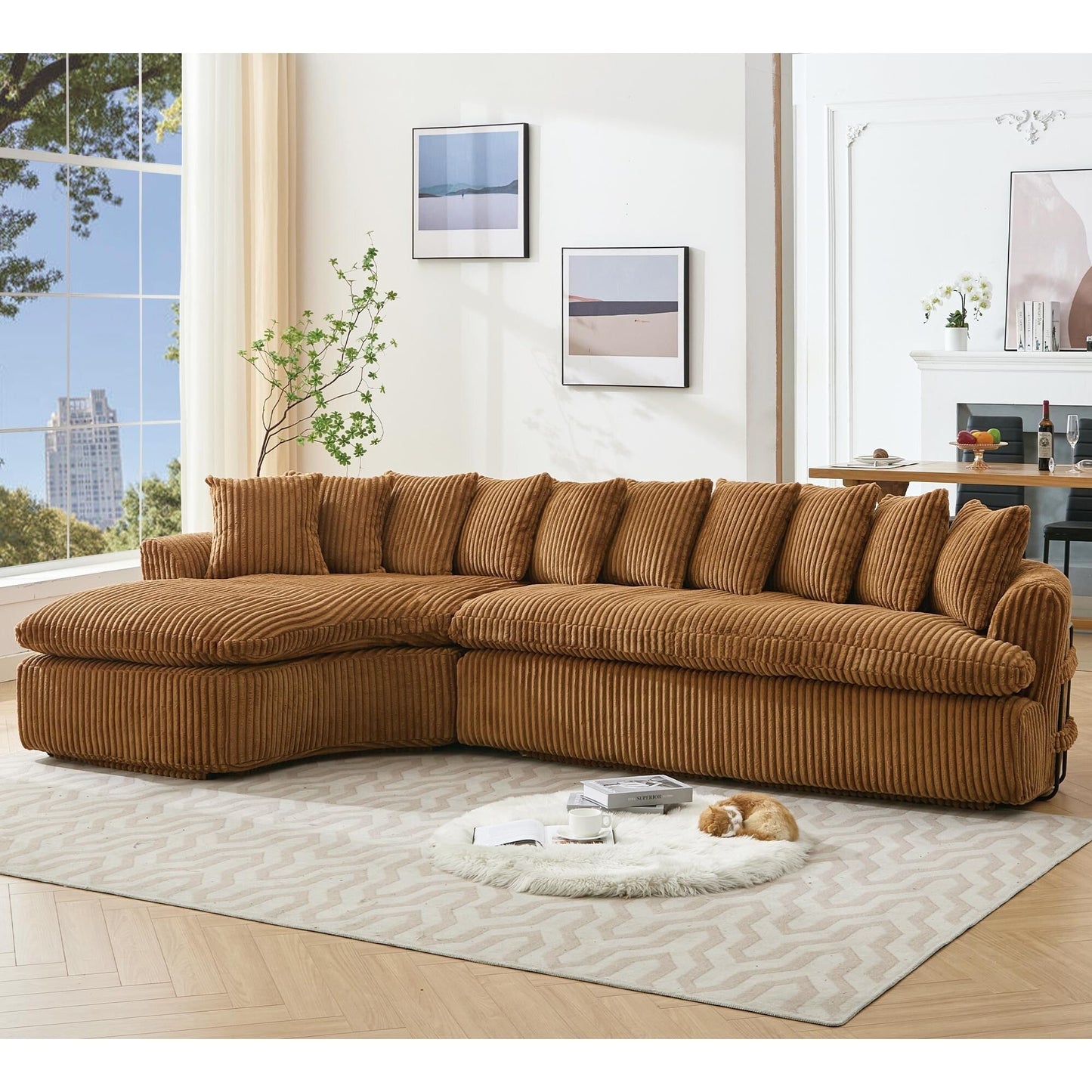 Modern L-Shaped Corduroy 4-Seat Modular Sectional Sofa with Curved Design and Back Cushions for Living Room