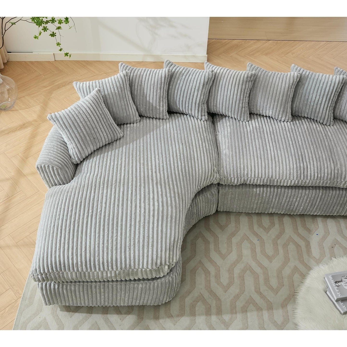 Modern L-Shaped Corduroy 4-Seat Modular Sectional Sofa with Curved Design and Back Cushions for Living Room