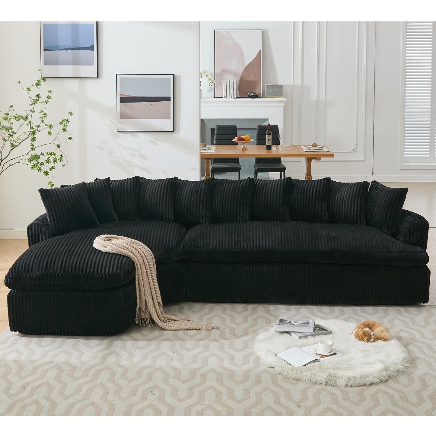 Modern L-Shaped Corduroy 4-Seat Modular Sectional Sofa with Curved Design and Back Cushions for Living Room