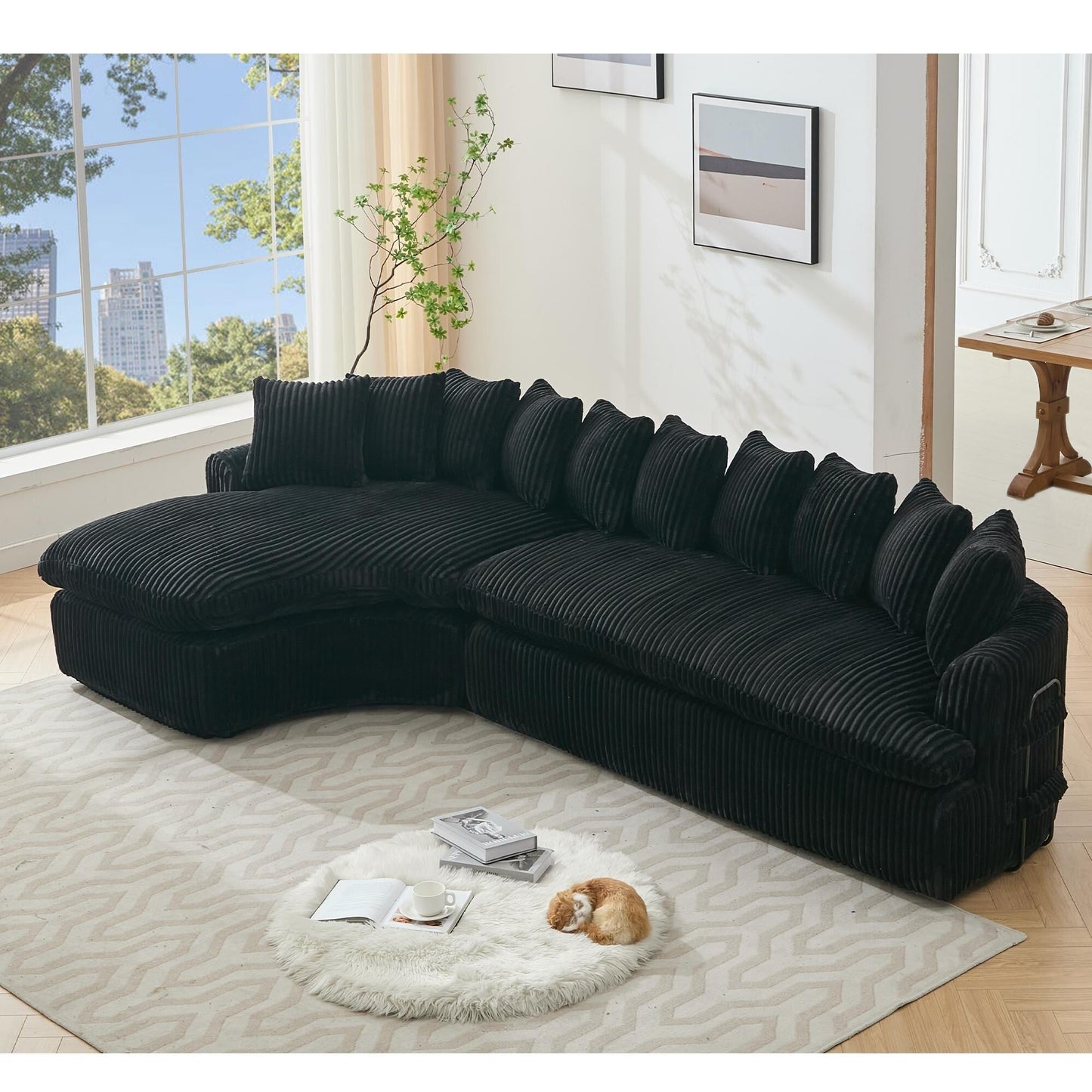 Modern L-Shaped Corduroy 4-Seat Modular Sectional Sofa with Curved Design and Back Cushions for Living Room