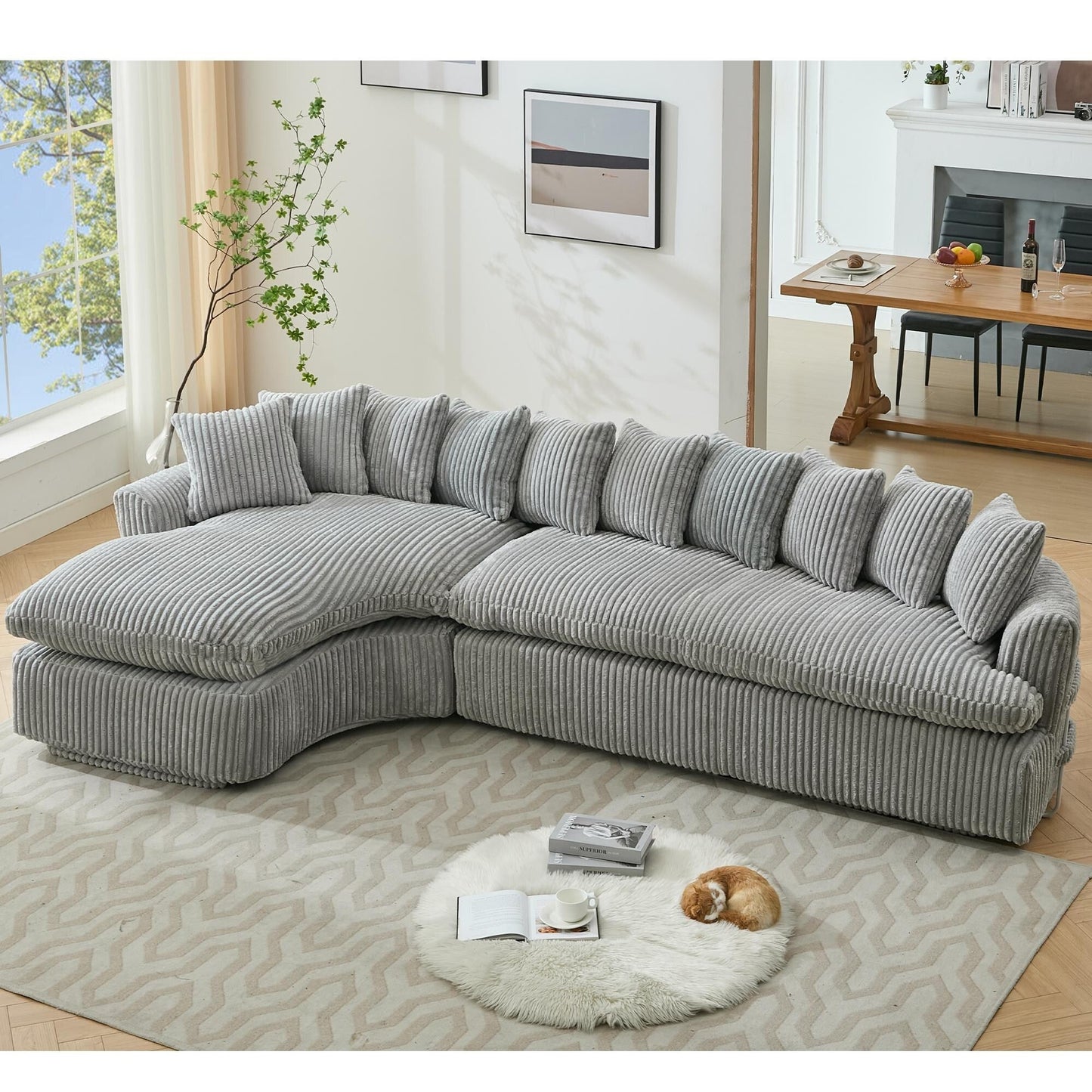 Modern L-Shaped Corduroy 4-Seat Modular Sectional Sofa with Curved Design and Back Cushions for Living Room
