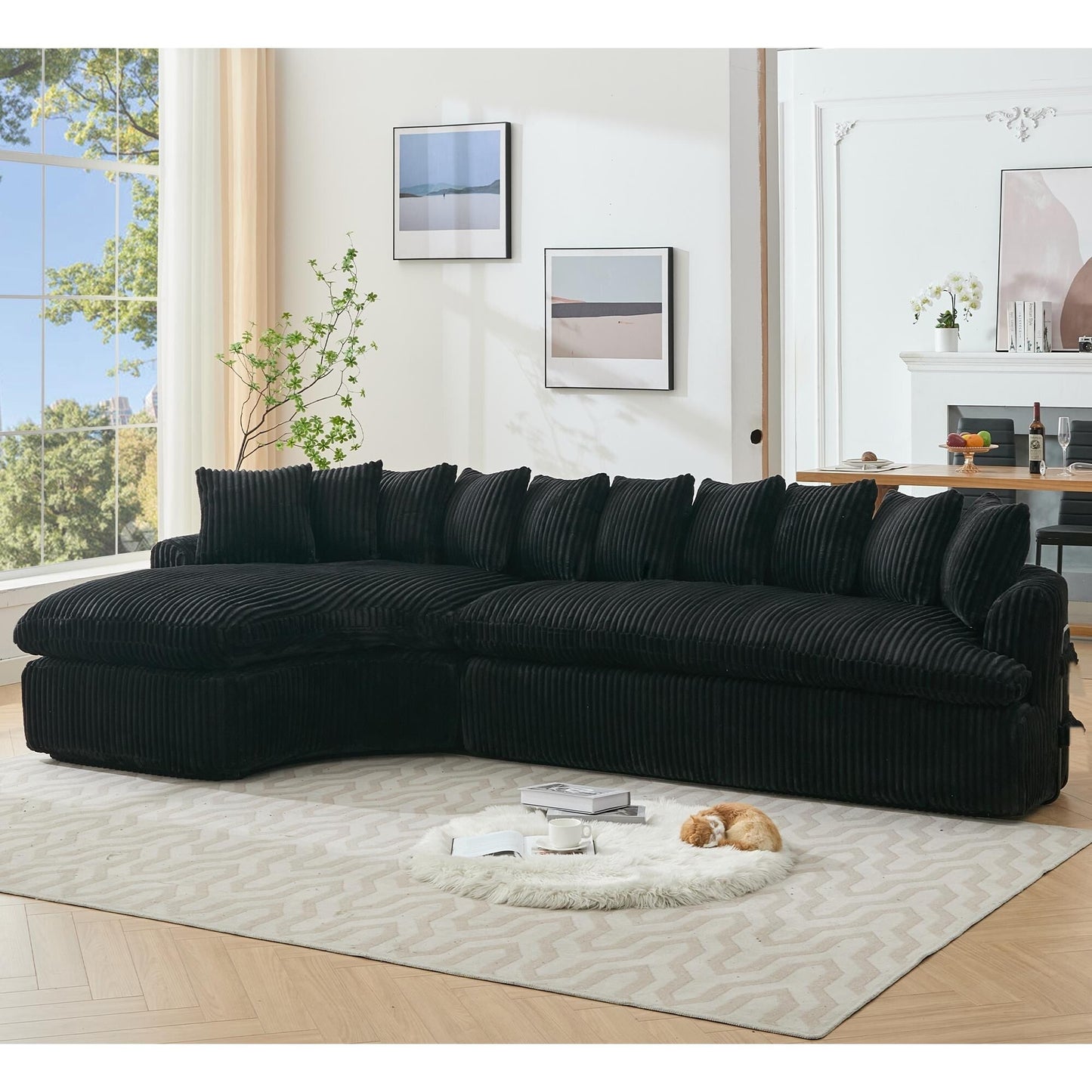 Modern L-Shaped Corduroy 4-Seat Modular Sectional Sofa with Curved Design and Back Cushions for Living Room